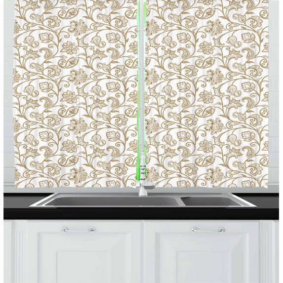 Ambesonne Ethnic Kitchen Curtains, Floral Paisley Motif, 55"x45", Dust Camel and White