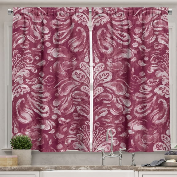 Ambesonne Ethnic Kitchen Curtains, Folkloric Vintage Damask, 55"x24", Raspberry Pink