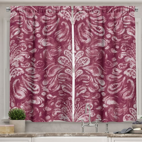 Ambesonne Ethnic Kitchen Curtains, Folkloric Vintage Damask, 55"x39", Raspberry Pink