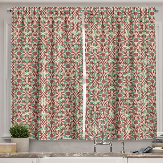 Ambesonne Ethnic Kitchen Curtains, Framework Wide Petals, 55"x45", Maroon Pink Almond Green