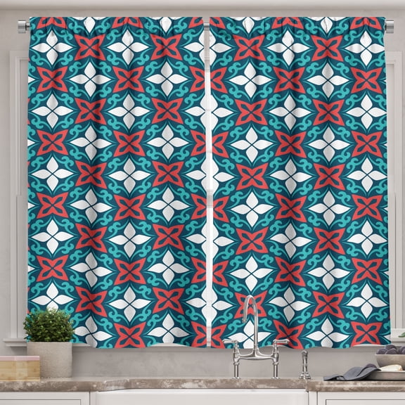 Ambesonne Ethnic Kitchen Curtains, Geometric Arabic Floral Art, 55"x30", Dark Coral Seafoam and Blue