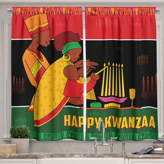 Ambesonne Ethnic Kitchen Curtains, Happy Kwanzaa Calligraphy, 55"x39", Multicolor