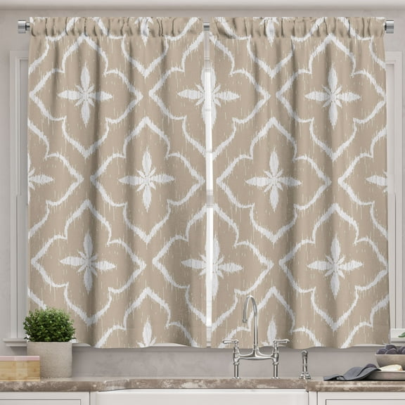 Ambesonne Ethnic Kitchen Curtains, Ikat Print Folkloric Petals, 55"x45", Beige and White
