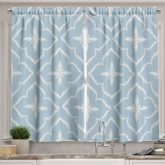 Ambesonne Ethnic Kitchen Curtains, Ikat Print Folkloric Petals, 55"x45", Pale Blue White