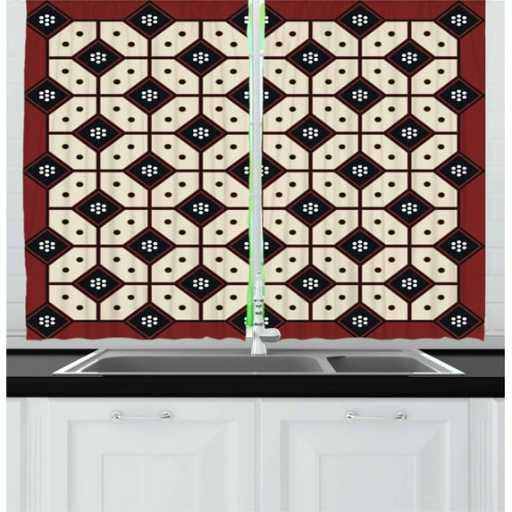 Ambesonne Ethnic Kitchen Curtains, Javanese Batik Pattern, 55"x39", Ruby Cream and Black