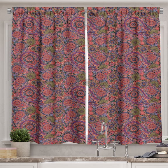 Ambesonne Ethnic Kitchen Curtains, Leaves Eastern, 55"x45", Burgundy Green
