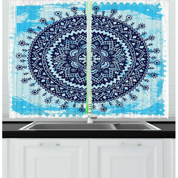 Ambesonne Ethnic Kitchen Curtains, Medallion on Grunge, 55"x45", Blue Dark Blue
