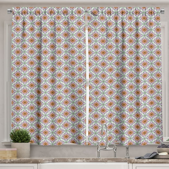 Ambesonne Ethnic Kitchen Curtains, Mosaic Geometric Flora Art, 55"x24", Pale Lavender and Orange