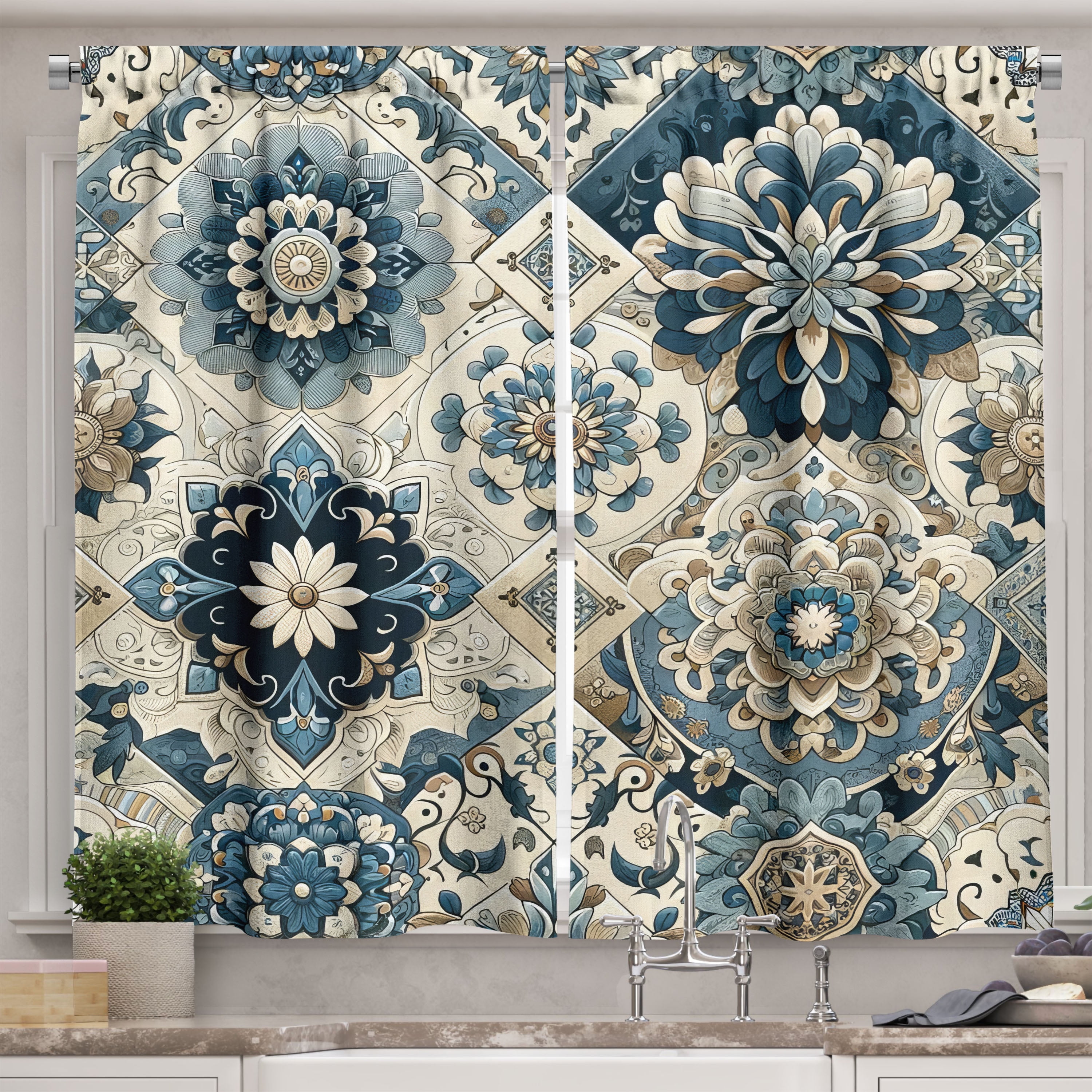 Blue and Off-White Polyester Kitchen Window Tier Curtains