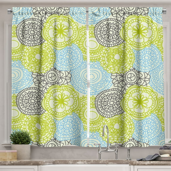 Ambesonne Ethnic Kitchen Curtains, Pastel Folk Style Flower, 55"x39", Apple Green Aqua Grey