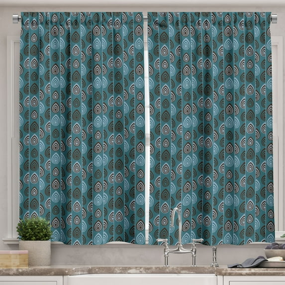 Ambesonne Ethnic Kitchen Curtains, Striped Ornament, 55"x45", Teal Bluegrey Dark Brown