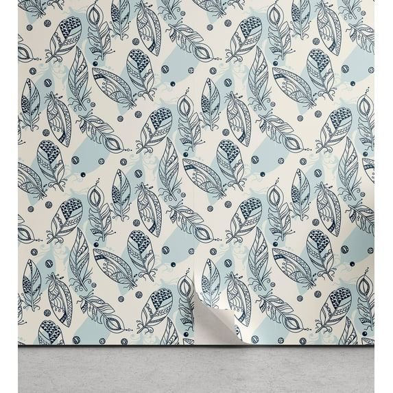 Ambesonne Ethnic Peel & Stick Wallpaper for Home, Circles Pattern Feathers Art, 13"x100", Pale Cadet Blue and White