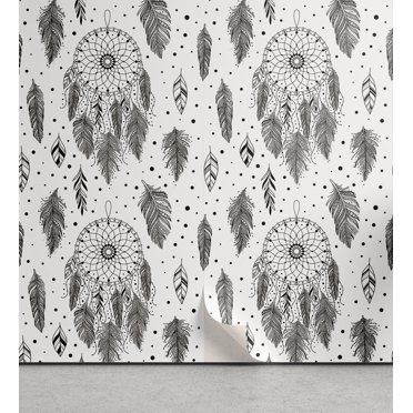 Ambesonne Ethnic Peel & Stick Wallpaper for Home, Dream Catchers Feathers Dots, 13"x36", Charcoal Grey and White