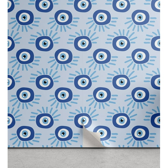 Ambesonne Ethnic Peel & Stick Wallpaper for Home, Evil Eye Bead Symbols Art, 13"x72", Deep Sky Blue and White