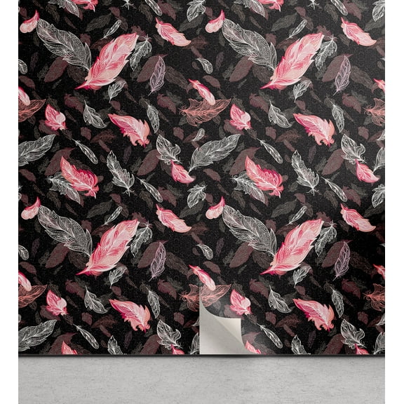 Ambesonne Ethnic Peel & Stick Wallpaper for Home, Feathers Dark Backdrop Art, 13"x36", Soft Pink and Dark Grey