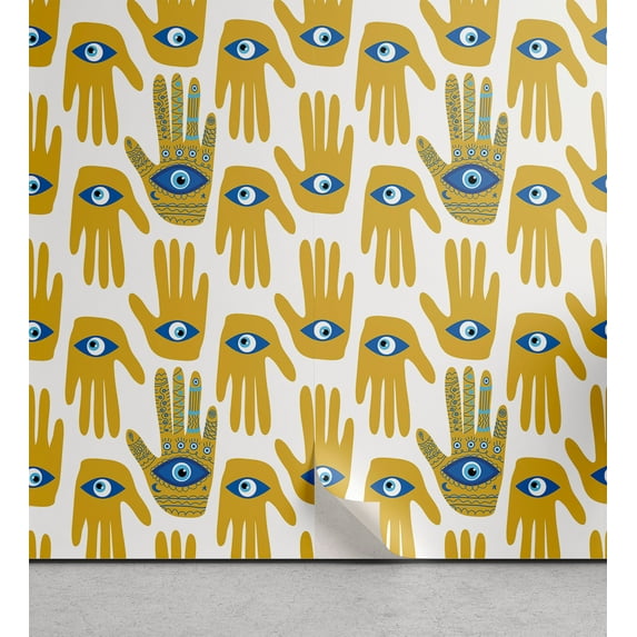 Ambesonne Ethnic Peel & Stick Wallpaper for Home, Hamsa Eye Occult Hand Art, 13"x36", Cobalt Blue Earth Yellow