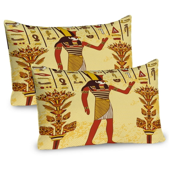 Ambesonne Ethnic Pillow Sham 2 Pack, Egyptian Hieroglyph Myth, 30"x20", Pale Yellow Marigold Red