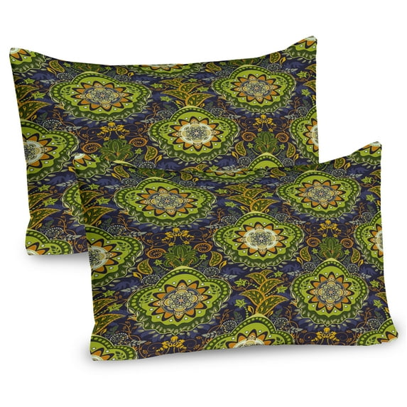 Ambesonne Ethnic Pillow Sham 2 Pack, Tropical Motifs, 26"x20", Green Orange Dark Blue
