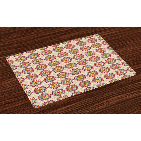 Ambesonne Ethnic Place Mats Set of 4, Mosaic Ornate Blossoms, Standard Size, Multicolor