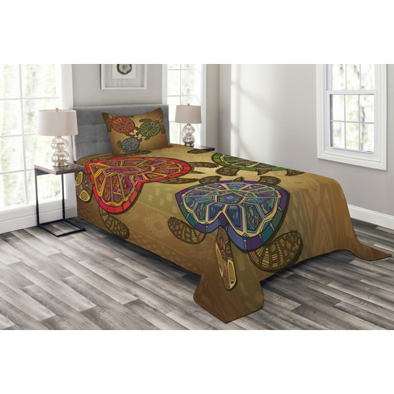 Ambesonne Ethnic Quilted Bedspread Set 2 Pcs, 3 Turtles Ornamental, Twin Size, Multicolor