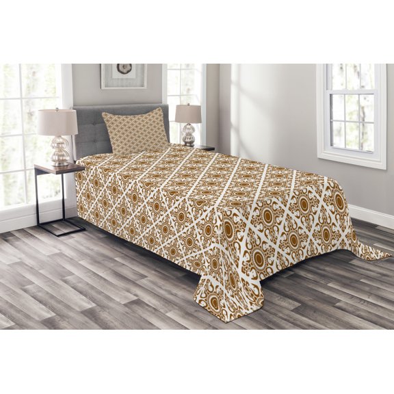 Ambesonne Ethnic Quilted Bedspread Set 2 Pcs, Abstract Lines Dots Folk, Twin Size, Redwood White