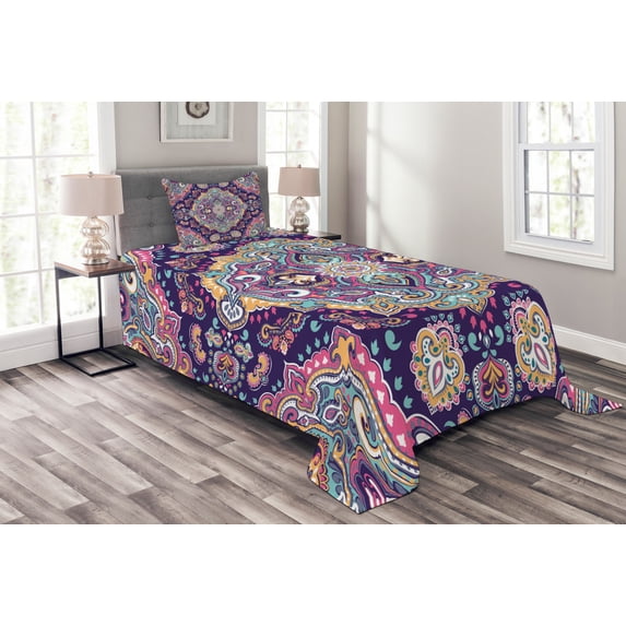 Ambesonne Ethnic Quilted Bedspread Set 2 Pcs, Boho Colorful Spring Garden, Twin Size, Multicolor