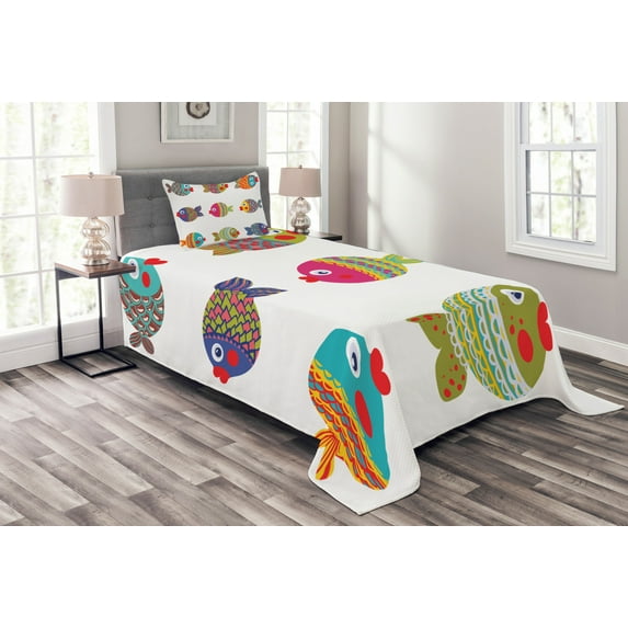 Ambesonne Ethnic Quilted Bedspread Set 2 Pcs, Cartoon Fish, Twin Size, Multicolor