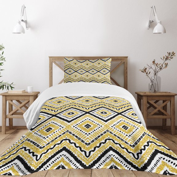 Ambesonne Ethnic Quilted Bedspread Set 2 Pcs, Chevron Waves Tribal, Twin Size, Yellow Black and White