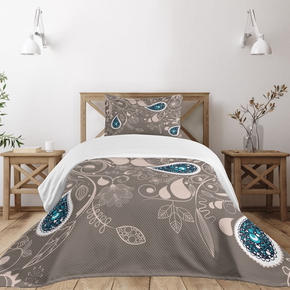 Ambesonne Ethnic Quilted Bedspread Set 2 Pcs, Orienta Swirled Branch, Twin Size, Pale Brown Teal