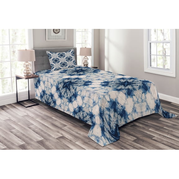 Ambesonne Ethnic Quilted Bedspread Set 2 Pcs, Tie Dye Effect Bohemian, Twin Size, Blue Grey