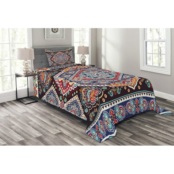 Ambesonne Ethnic Quilted Bedspread Set 2 Pcs, Vibrant Vintage Bohemian, Twin Size, Multicolor