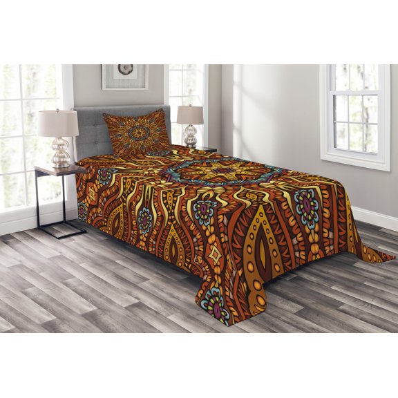 Ambesonne Ethnic Quilted Bedspread Set 2 Pcs, Warm Colored Design Boho, Twin Size, Marigold Yellow