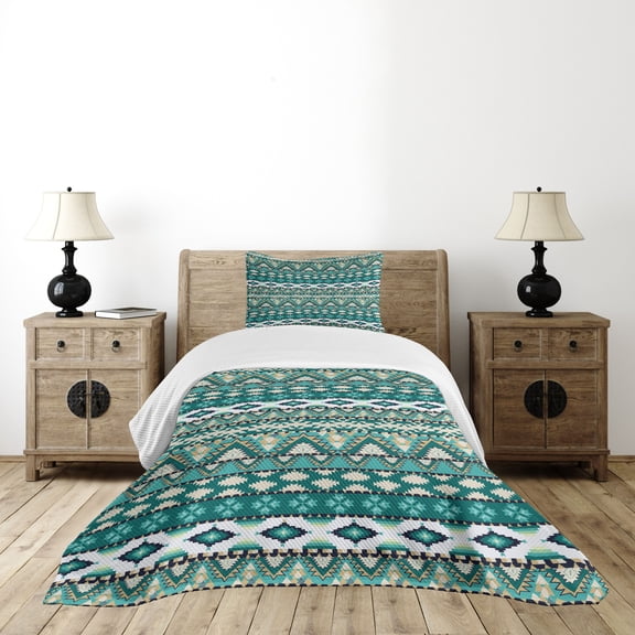 Ambesonne Ethnic Quilted Bedspread Set 2 Pcs, Winter Aztec Forms Design, Twin Size, Teal Turquoise Tan