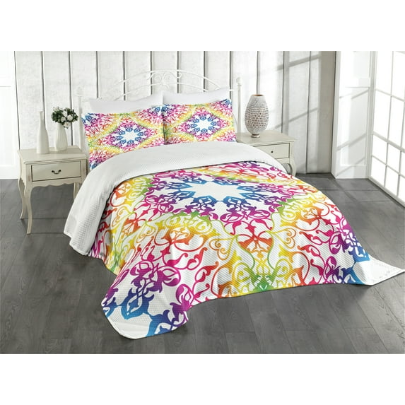Ambesonne Ethnic Quilted Bedspread Set 3 Pcs, Abstract Lace Swirls Ivy, Queen Size, Multicolor