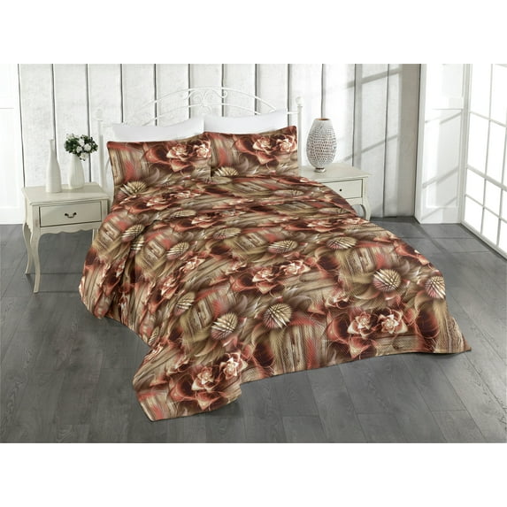 Ambesonne Ethnic Quilted Bedspread Set 3 Pcs, Abstract Stars Vintage Art, Queen, Pale Redwood and Umber