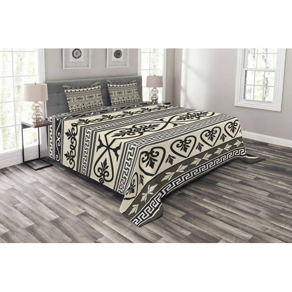 Ambesonne Ethnic Quilted Bedspread Set 3 Pcs, Antique Leaves, Queen Size, Taupe Black Tan