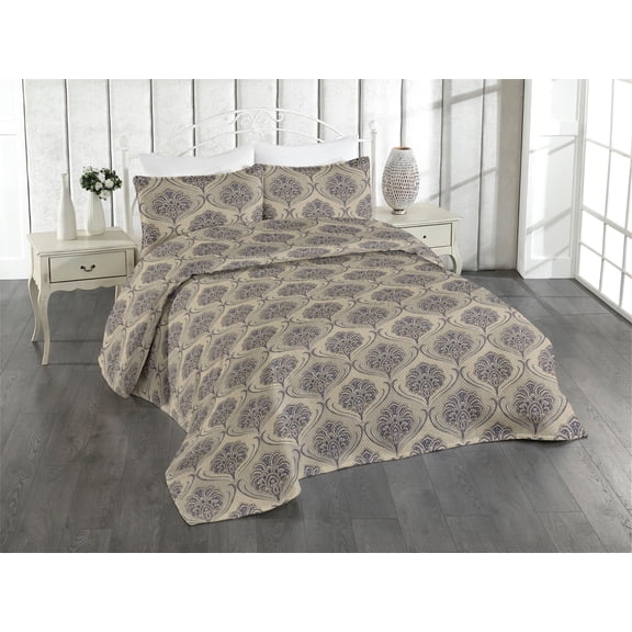 Ambesonne Ethnic Quilted Bedspread Set 3 Pcs, Art Oriental Blossom Pattern, King, Warm Taupe Cocoa Indigo