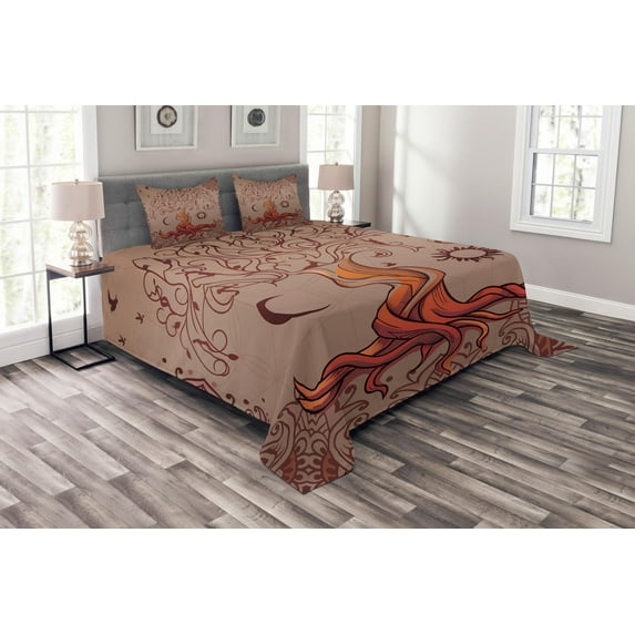 Ambesonne Ethnic Quilted Bedspread Set 3 Pcs, Charming Vintage Tree, Queen Size, Orange Mauve Taupe