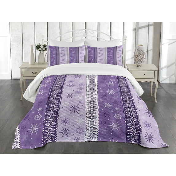 Ambesonne Ethnic Quilted Bedspread Set 3 Pcs, Christmas Snowflake Noel, Queen Size, Lavender Violet White