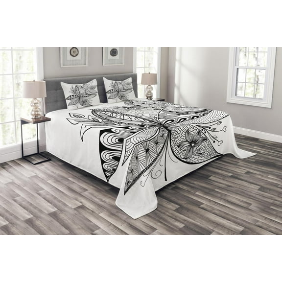 Ambesonne Ethnic Quilted Bedspread Set 3 Pcs, Eastern Ornate Flower, King Size, Black White