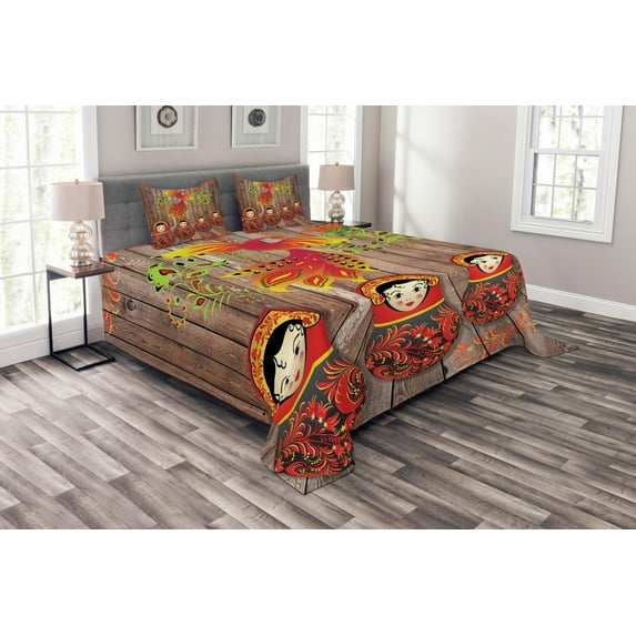 Ambesonne Ethnic Quilted Bedspread Set 3 Pcs, Folkloric Russian Dolls, King Size, Multicolor