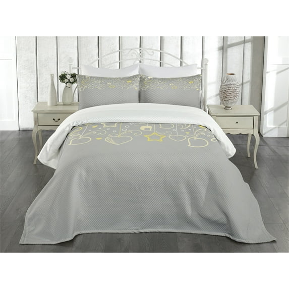 Ambesonne Ethnic Quilted Bedspread Set 3 Pcs, Grey Swirl Hearts, King Size, Beige Yellow Pale Grey
