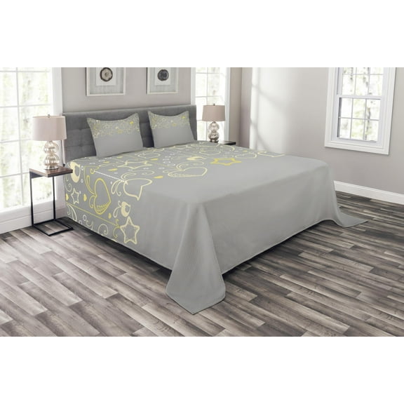 Ambesonne Ethnic Quilted Bedspread Set 3 Pcs, Grey Swirl Hearts, Queen Size, Beige Yellow Pale Grey