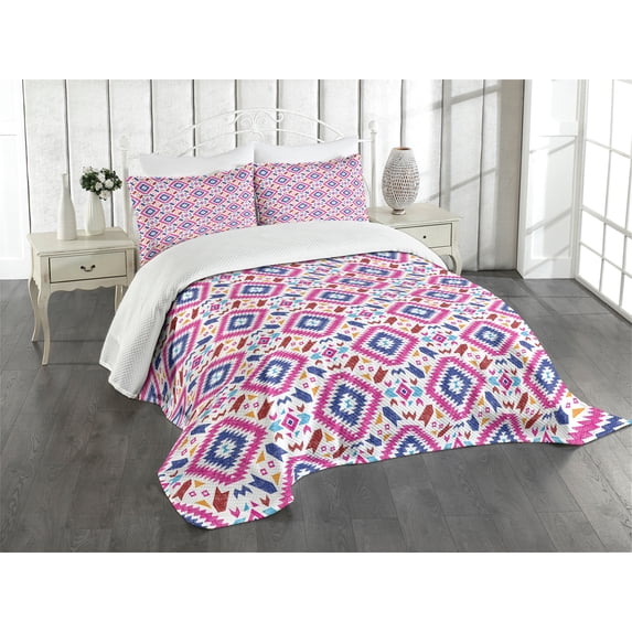 Ambesonne Ethnic Quilted Bedspread Set 3 Pcs, Hand Drawn Mayan Sripes, Queen Size, Fuchsia Indigo Burgundy