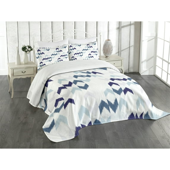 Ambesonne Ethnic Quilted Bedspread Set 3 Pcs, Ikat Chevron Zig Zag, Queen Size, Slate Blue Purple White