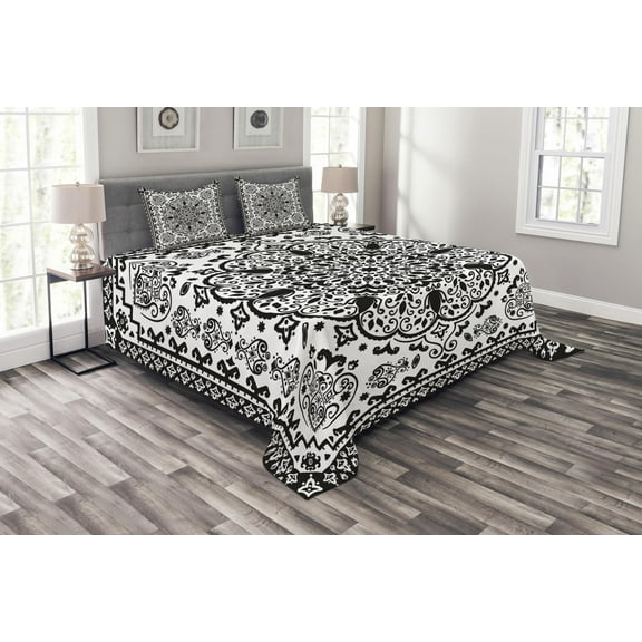 Ambesonne Ethnic Quilted Bedspread Set 3 Pcs, Lace Paisley Black Art, Queen Size, Charcoal Grey White