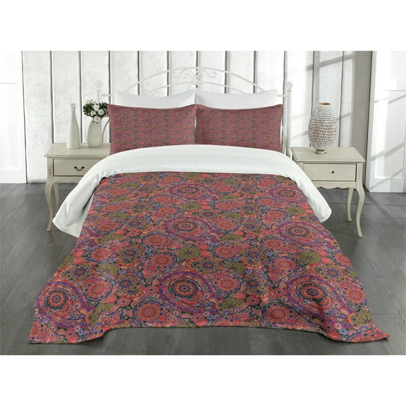 Ambesonne Ethnic Quilted Bedspread Set 3 Pcs, Leaves Eastern, Queen Size, Burgundy Green