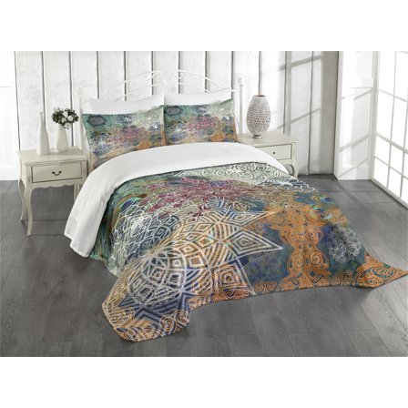 Ambesonne Ethnic Quilted Bedspread Set 3 Pcs, Mandala and Peacock Feathers, Queen Size, Multicolor