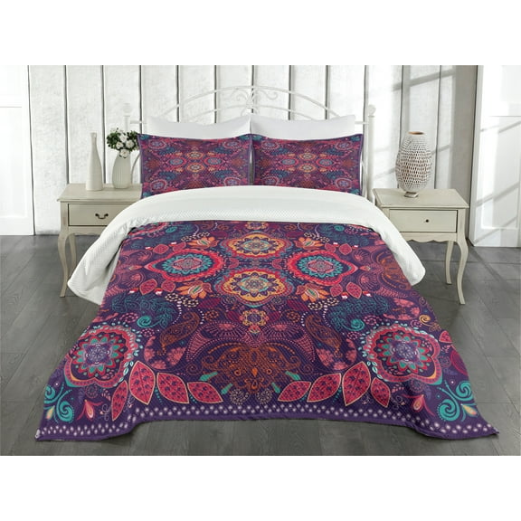 Ambesonne Ethnic Quilted Bedspread Set 3 Pcs, Modern Paisley Dot Leaf, King Size, Multicolor