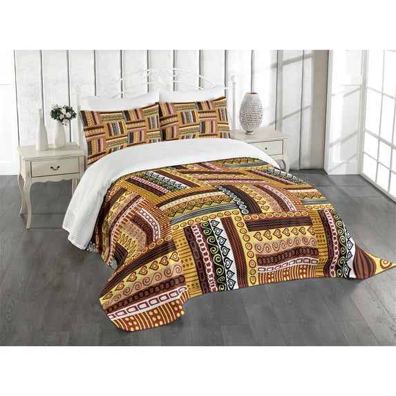 Ambesonne Ethnic Quilted Bedspread Set 3 Pcs, Oriental Motifs, Queen Size, Multicolor